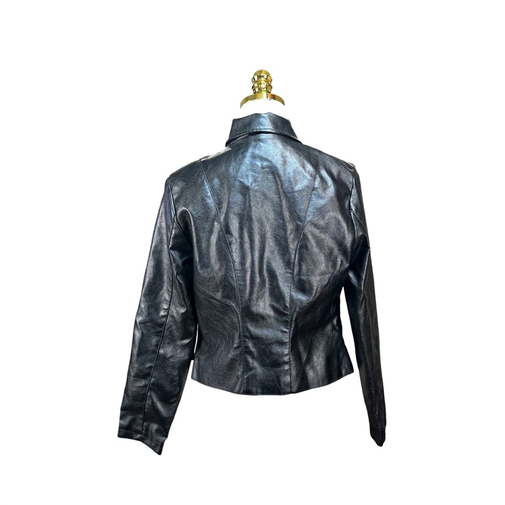New Look Womens Black Faux Leather Moto Biker Jacket Gold Zip Size L RN 57686 - Picture 5 of 8